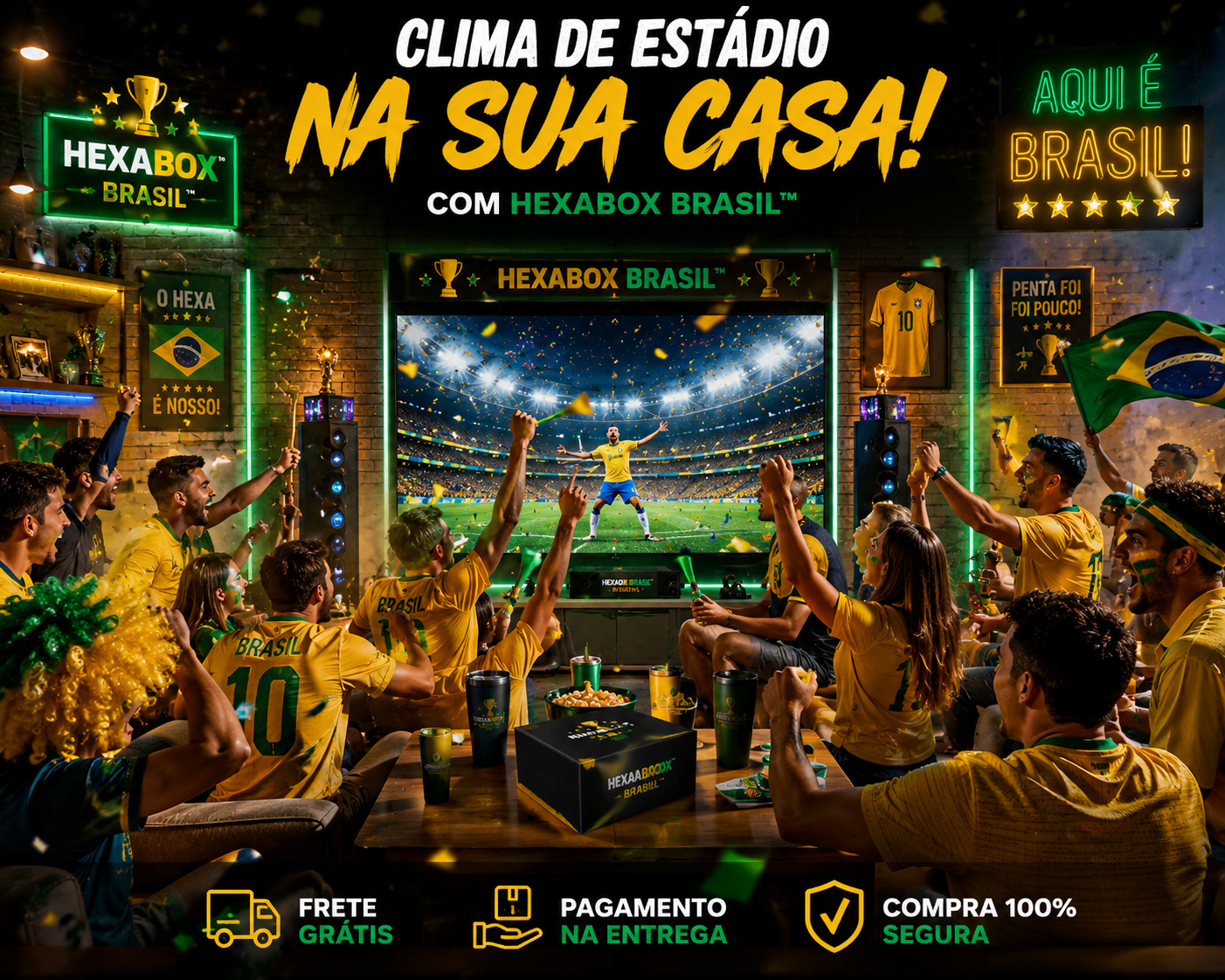 Entregador uniformizado entregando o HexaBox Brasil e recebendo o pagamento na porta
