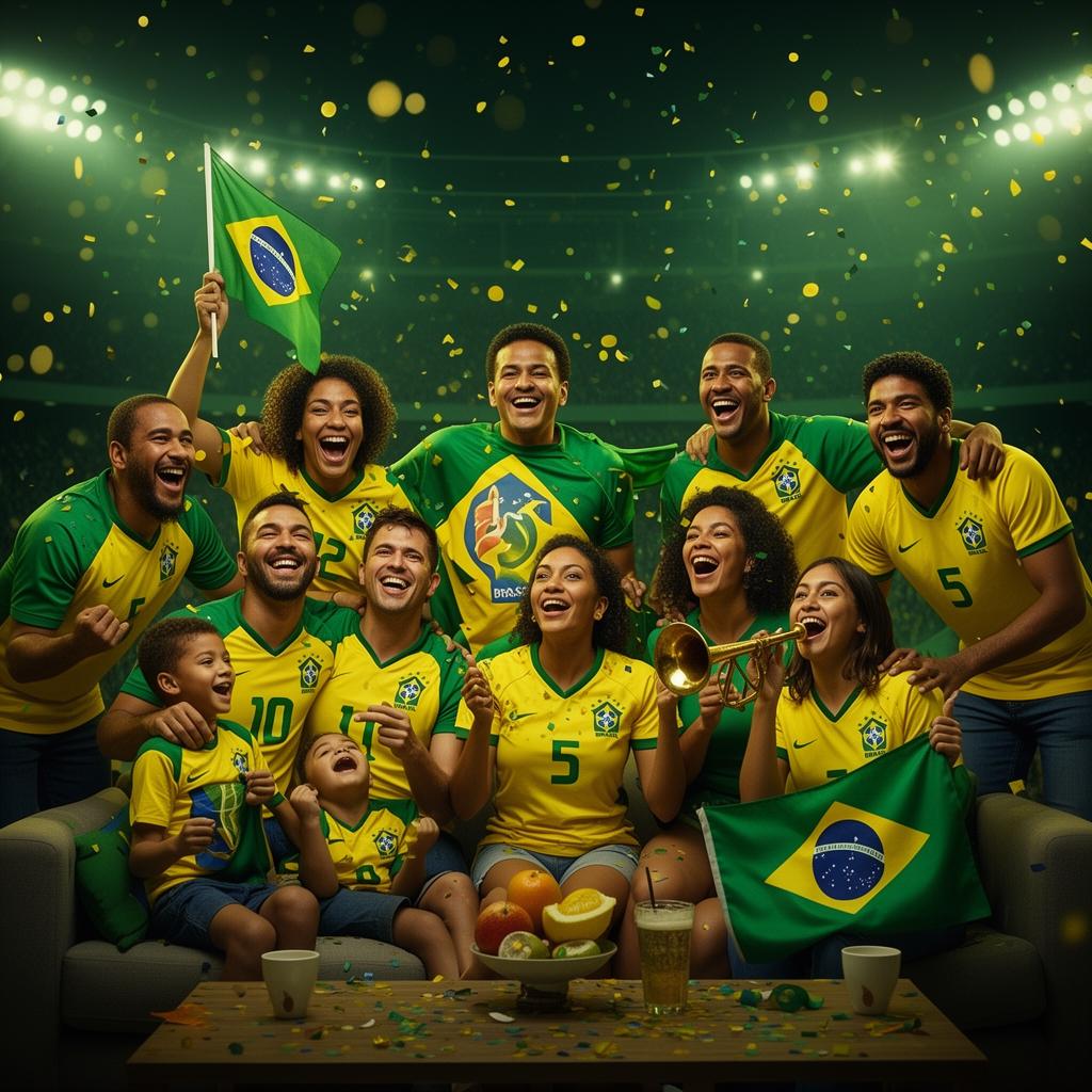 Família e amigos brasileiros comemorando juntos a Copa com o HexaBox